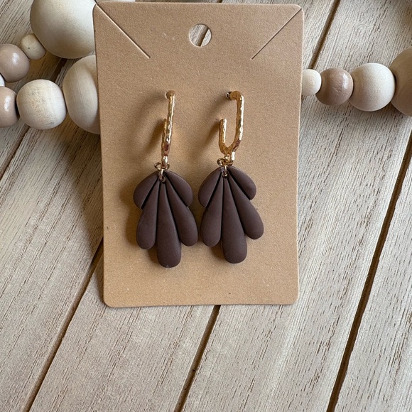 Handmade Brown Petal Earrings with Gold Hoops | Trendy Boho Statement Jewelry - Picture 3 of 7